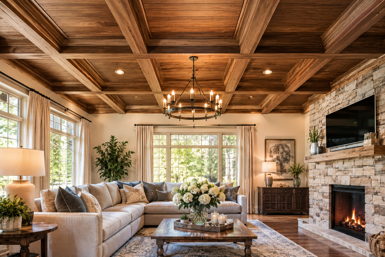 Paneled ceiling with white molding and a pendant light