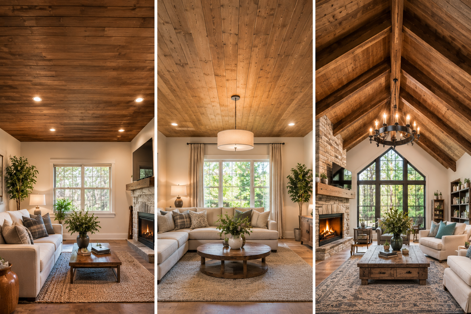 Wood ceilings in rooms of different heights