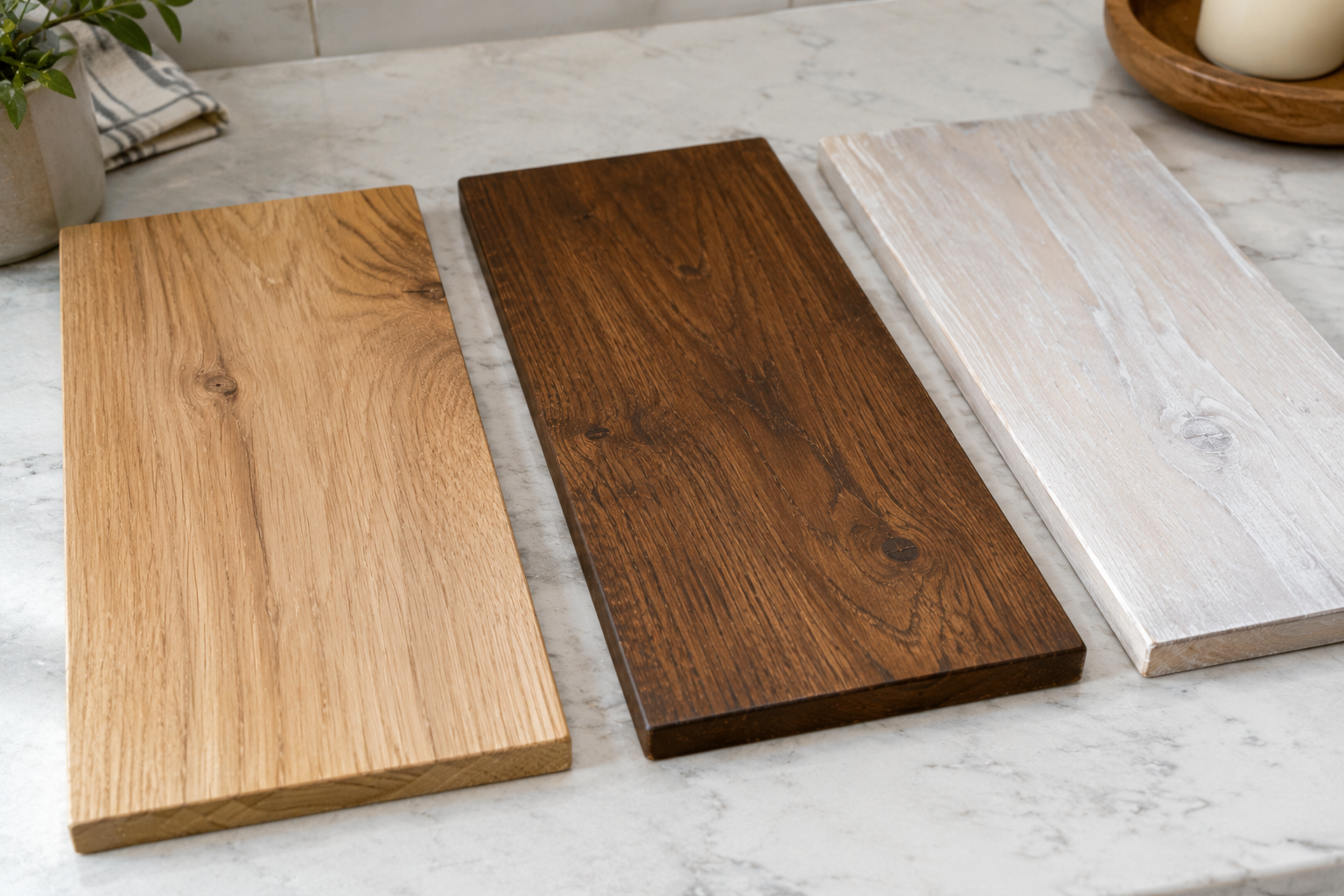 Wood ceiling finish samples in clear, stain and whitewash