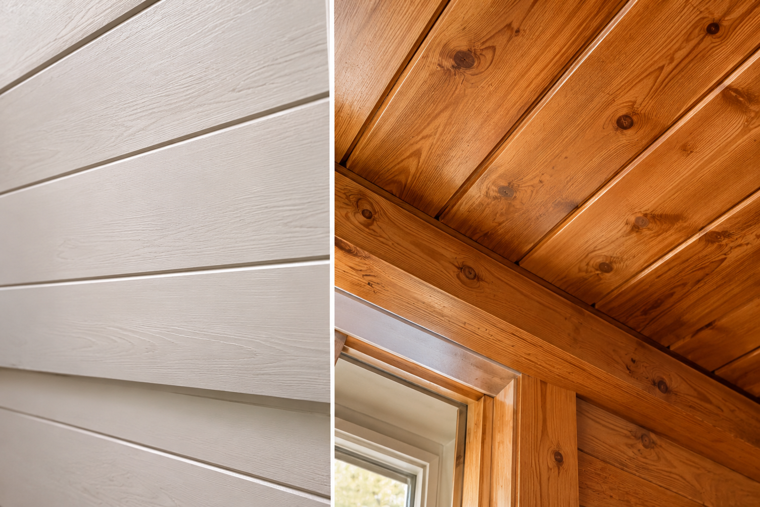 Close-up of shiplap and tongue-and-groove ceiling boards