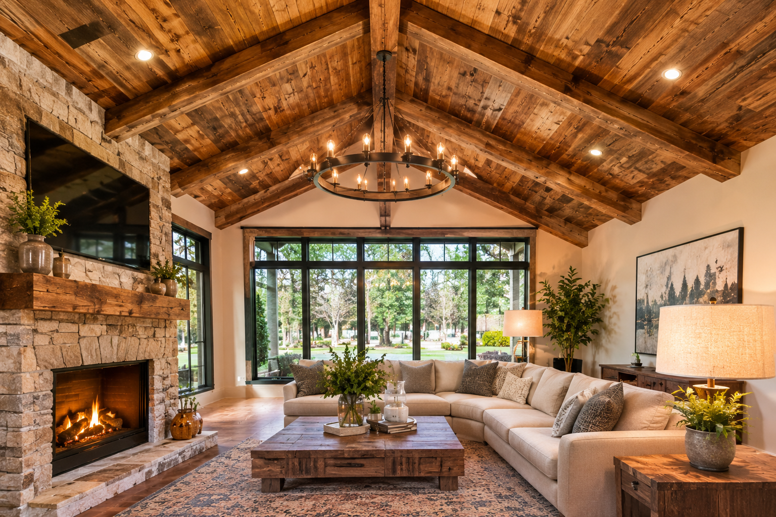 rustic wood plank ceiling with box beams in a living room