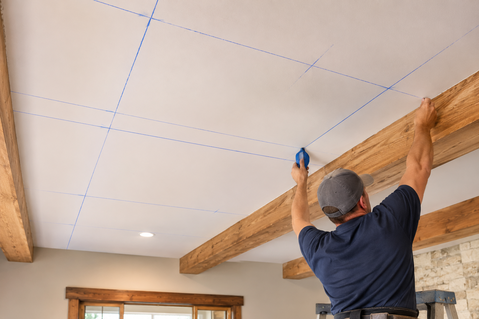 Chalk layout lines for ceiling panels