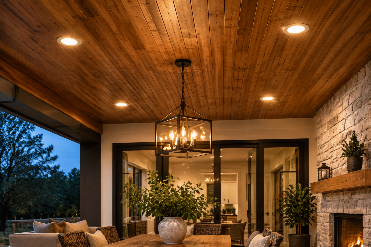 Pendant light under a rustic wood ceiling